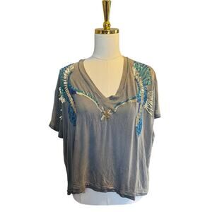 POL Oversized Embellished Bird Tee Gray Boho Sequin Top Short Sleeve Size S